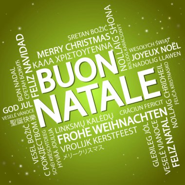 Yazılı kelime bulutu Farklı dillerde Mutlu Noeller, ortasında büyük boy ve kalın İtalyanca yazılmış.