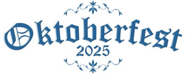 Süslü mavi ve beyaz harfli EPS 10 vektör dosyası ve Oktoberfest 2025 metni
