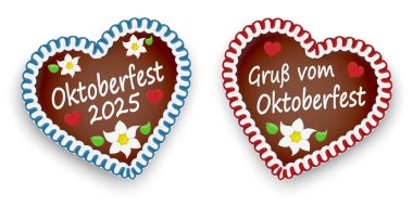 Oktoberfest 2025 ve Oktoberfest 'ten selamlar, kırmızı kalpler ve Alman Edelweiss çiçekleri.