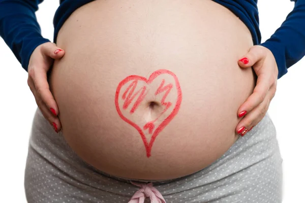 Detailní Záběr Těhotné Ženy Drží Břicho Srdcem Kreslení Jako Milující — Stock fotografie