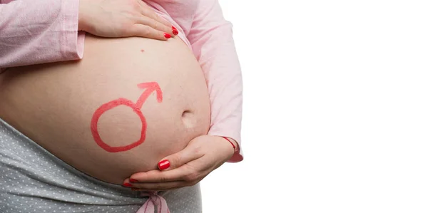 Nahaufnahme Einer Schwangeren Frau Mit Bauch Mit Mars Symbolzeichnung Und — Stockfoto