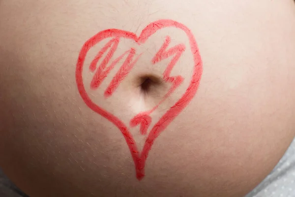 Close Pregnant Mom Tummy Red Heart Drawing Happy Pregnancy Concept — Stock Photo, Image