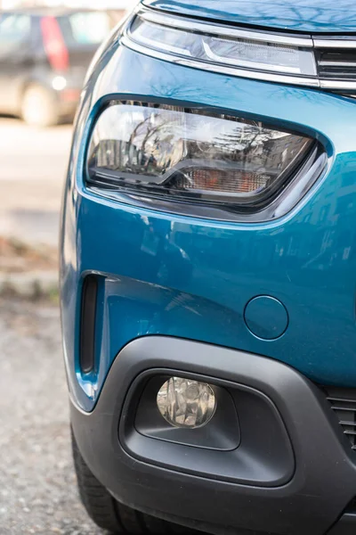 Close Bumper Headlights Blue Car Design Concept — Stock Fotó