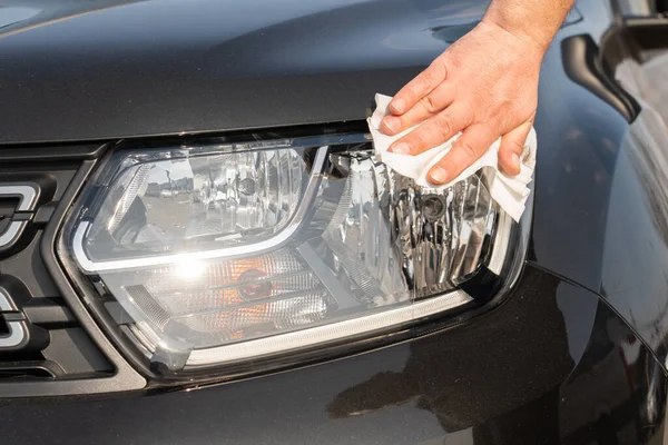 Close Man Cleaning Car Headlight Careful Concept — Photo