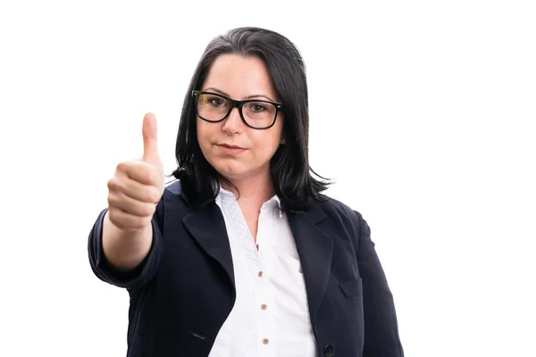 Adult Businesswoman Serious Expression Making Thumb Agree Gesture Wearing Spectacles — Stock Fotó