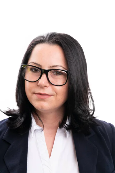 Close Portrait Friendly Adult Businesswoman Wearing Glasses Smart Casual Suit — Stock Fotó