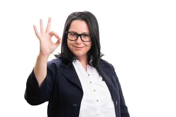 Friendly Adult Businesswoman Smiling Showing Okay Gesture Using Fingers Wearing — Stock Fotó