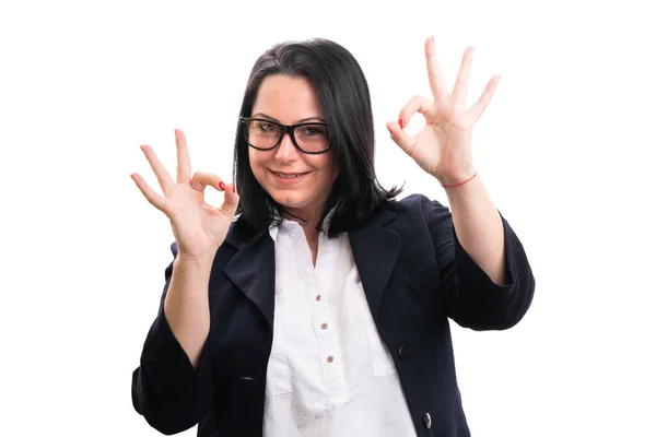 Friendly Business Entrepreneur Woman Smiling Showing Double Okay Gesture Wearing — Stock Fotó