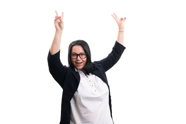 Businesswoman Cheerful Expression Showing Victory Peace Sign Using Fingers Blank — Stock Fotó