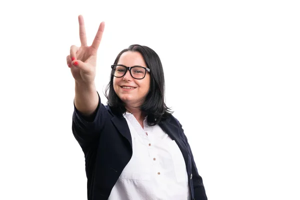 Smiling Female Model Entrepreneur Businesswoman Making Peace Victory Sign Fingers — Stock Fotó