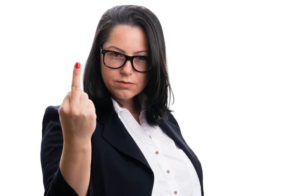 Angry Businesswoman Showing Middle Finger Swearing Obscene Gesture Blank Copyspace — Stock Fotó