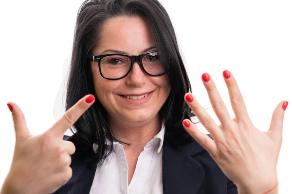 Close Adult Smiling Businesswoman Friendly Expression Showing Number Seven Using — Stock Fotó