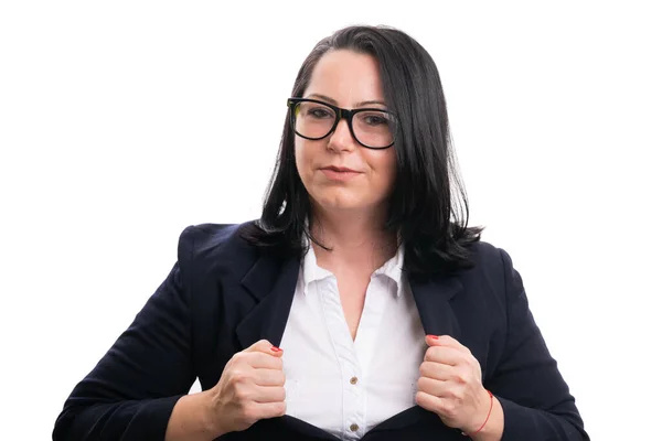 Proud Adult Female Entrepreneur Businesswoman Revealing White Shirt Smart Casual — Stock Fotó