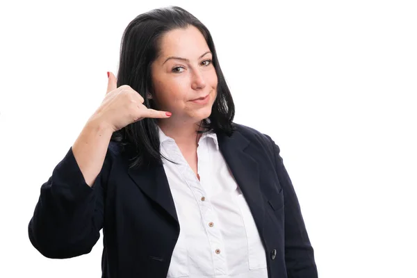 Friendly Adult Businesswoman Making Phone Call Gesture Fingers Corporate Office — Stock Fotó