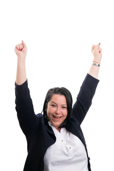 Boldog Vidám Női Vállalkozó Mosolyog Hogy Ünnepli Siker Gesztus Segítségével — Stock Fotó
