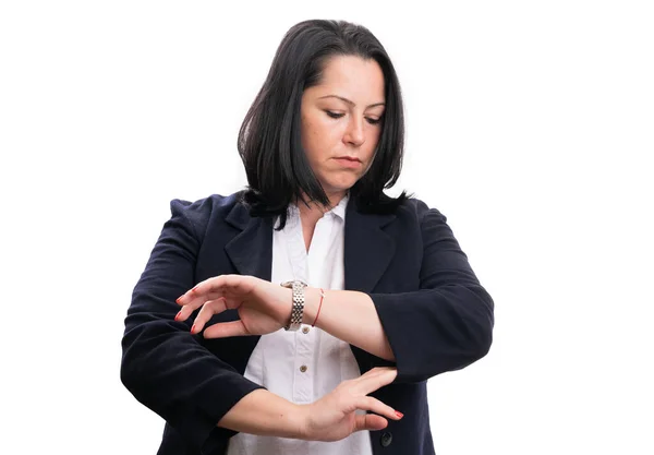 Felnőtt Üzletasszony Megérinti Öltöny Ujj Ellenőrzési Idő Által Nézett Karóra — Stock Fotó