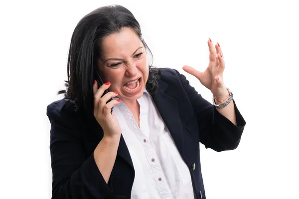 Dühös Őrült Üzletasszony Formalwear Öltöny Kiabálva Sikoltozik Miközben Vállalati Iroda — Stock Fotó