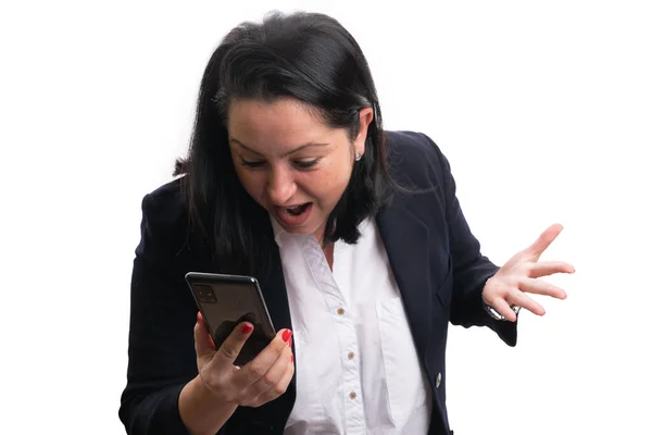 Upset Businesswoman Office Formalwear Looking Smartphone Screen Screaming Making Confused — Stock Fotó