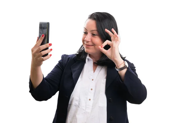 Smiling Friendly Business Woman Wearing Casual Suit Videocall Using Smartphone — Stok Foto