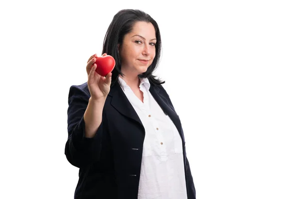 Adult Businesswoman Wearing Smart Casual Suit Presenting Red Heart Healthcare — Stock Photo, Image