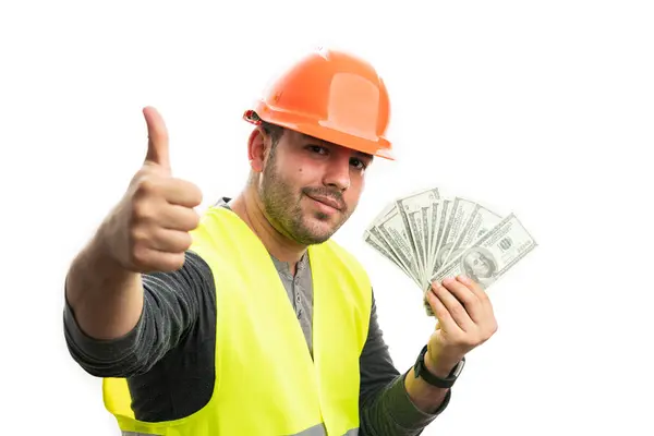 Gelukkige Mannelijke Constructeur Glimlachend Met Oranje Helm Geel Vest Met Stockfoto