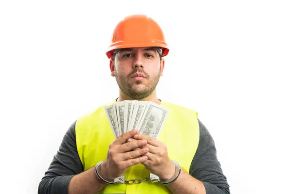 Een Corrupte Bouwer Met Een Oranje Helm Een Fluorescerend Vest Stockfoto