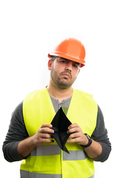 Triste Constructeur Homme Portant Gilet Fluorescent Casque Sécurité Présentant Portefeuille Photos De Stock Libres De Droits