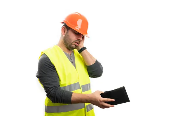 Triste Constructeur Masculin Portant Une Tenue Travail Casque Orange Gilet Images De Stock Libres De Droits