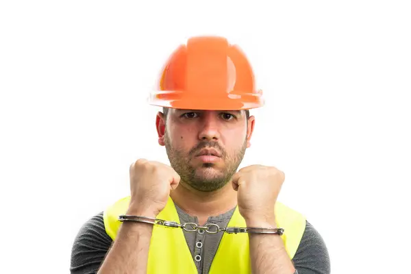 Närbild Tjuv Byggare Man Bär Orange Hatt Och Fluorescerande Väst Stockfoto