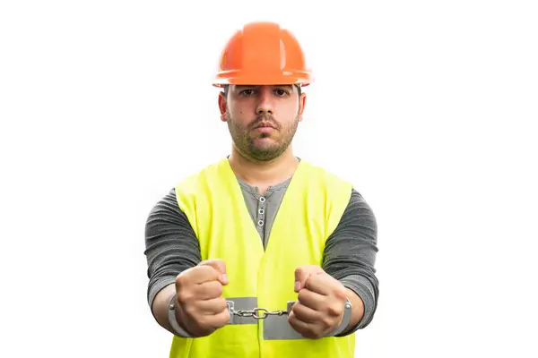 Beschadigde Volwassen Mannelijke Constructeur Handboeien Met Veiligheidshelm Fluorescerend Vest Als Stockfoto