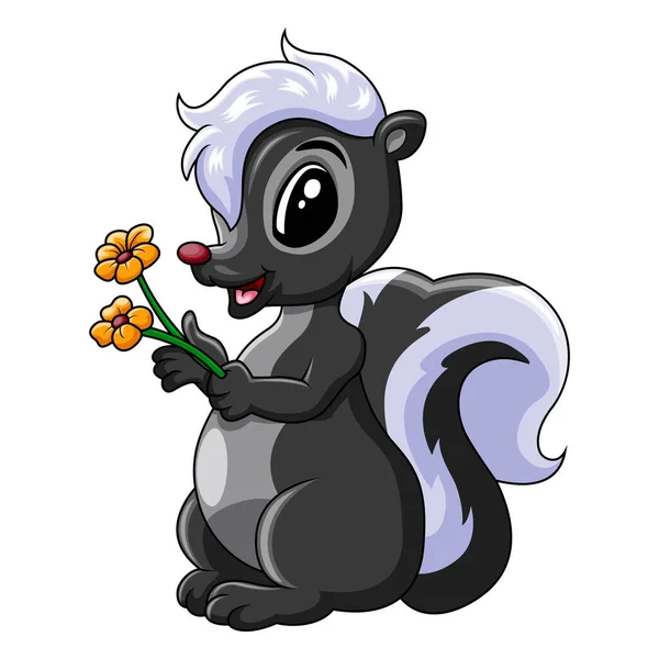 Cute Skunk Holding Flower —  Vetores de Stock