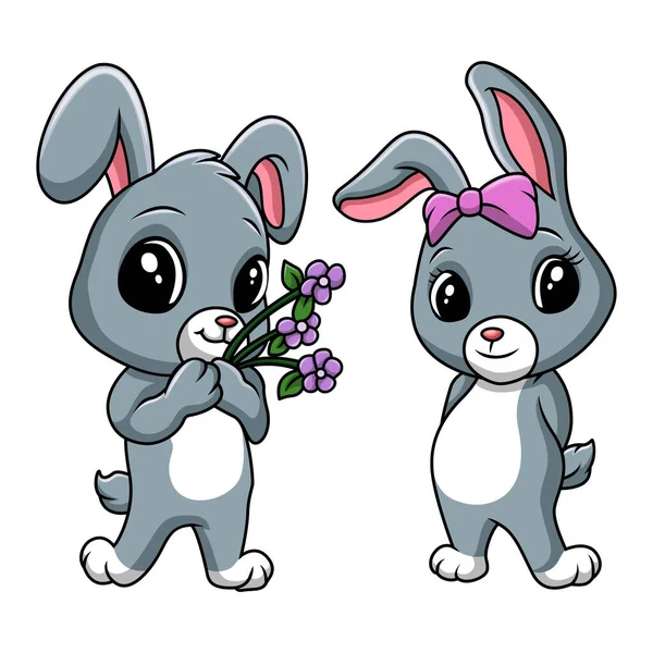Милая Пара Кроликов Цветами — стоковый вектор