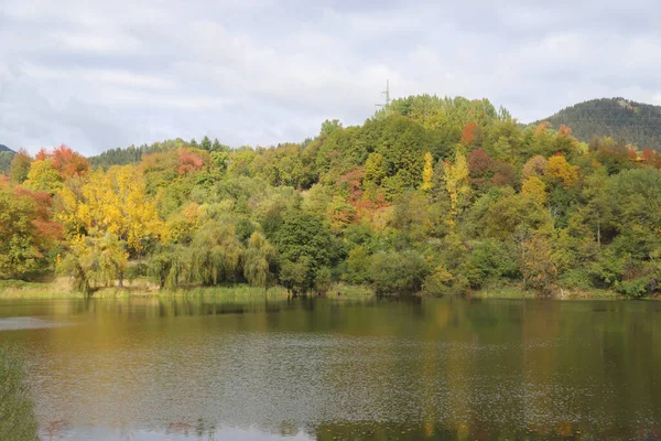 Uma Imagem Landascape Outonal Deslumbrante Com Muitas Cores Árvores Lago — Fotografia de Stock