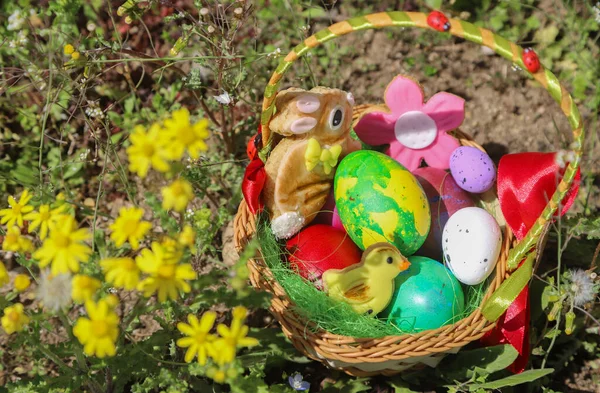 Πάσχα Έννοια Χρωματιστά Αυγά Ένα Όμορφο Κήπο Άνοιξη Γεμάτο Λουλούδια — Φωτογραφία Αρχείου