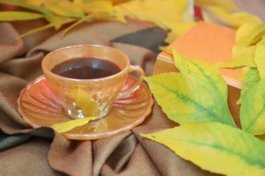Bir fincan sade kahveyle sonbahar titreşimleri düşmüş yapraklardan bir yatakta, açık havada çekilmiş.