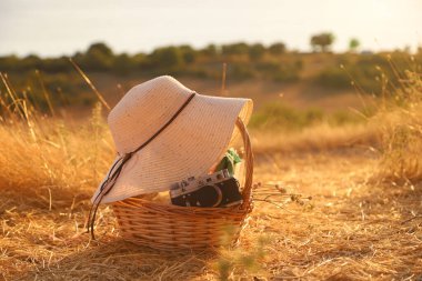 Eski moda bir şapkayla yaz konsepti, eski bir kamera enkaza dönmüş bir sepet içinde açık havada.