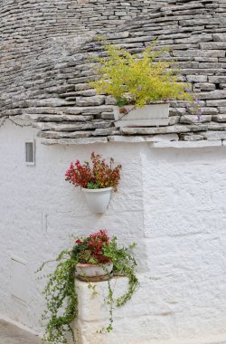 Ünlü İtalyan Trulli Evi 'nin resmedilmiş bir görüntüsü. Alberobello kasabası, genel bir manzara.