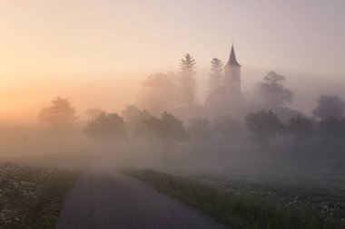 Bir tepede bir kilise kısmen siste gizlenmiş, ön planda ağaçlar. Sabah ışığında romantik bir sahne.