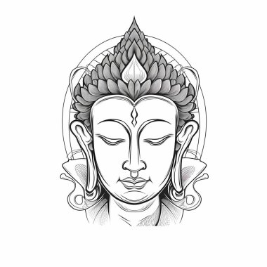 Buda heykeli ve nilüfer çiçekli siyah beyaz dövme.