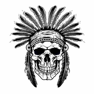  Kızılderili başlıklı ve tüylü kafatası tasviri.