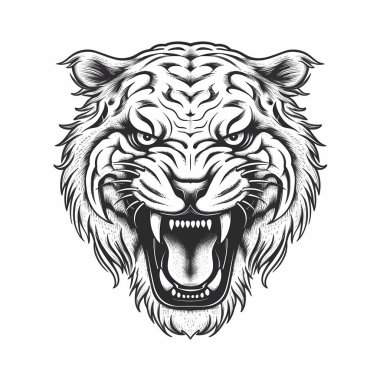 Kükreyen kaplan başı illüstrasyonu beyazın üstünde siyah