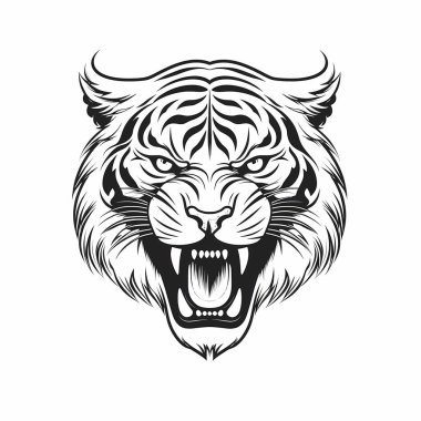 Kükreyen kaplan başı illüstrasyonu beyazın üstünde siyah