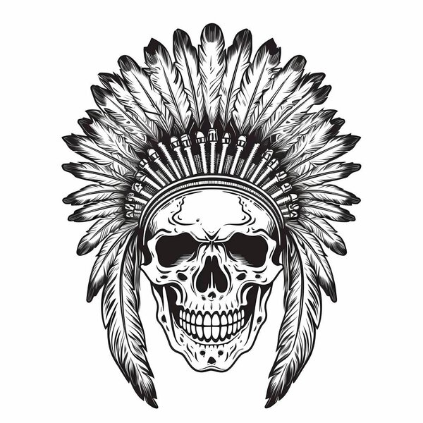  illustration of skull with indian headdress and feathers.