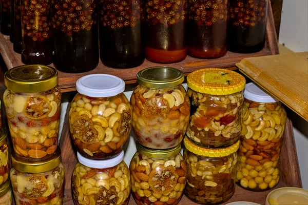 Set Glass Jars Golden Color Jam Jam Made Honey Small — Stock Photo, Image