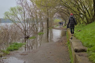 Kyiv, Ukrayna - 16 Nisan 2023: Dnipro Nehri şiddetli yağış ve kar yağışı nedeniyle Kyiv 'deki bir park alanını sular altında bıraktı. Doğal afet vatandaşların taşınmasını zorlaştırıyor..