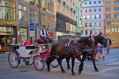 Viyana, Avusturya - 29 Haziran 2023: Viyana 'nın tarihi merkezinde turistlerle dolu at arabası. Çok popüler bir nakliye. Eski şehrin sokakları ve mimarisi.