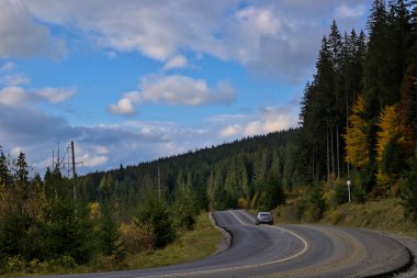 Zakarpattia Oblastı, Ukrayna - 29 Ekim 2020: Araba dağlar arasında dolambaçlı bir asfalt yolda ilerliyor. Çevrede sonbahar ağaçları, sarı ve kırmızı yapraklar ve yeşil iğneler var..