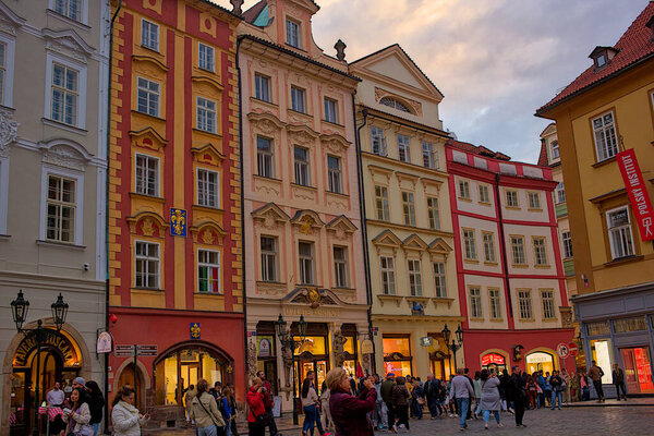 Prague, Czech Republic - October 7, 2023: Historical buildings on Old Town Square in Prague. At home at the Golden Lily, at the Golden Eagle. Colorful and charming historical architecture.