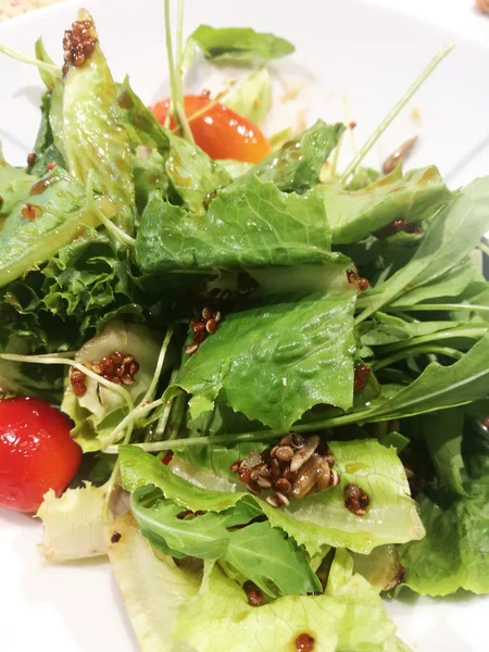 Biologische Salade Witte Plaat Van Dichtbij Bekijken — Stockfoto