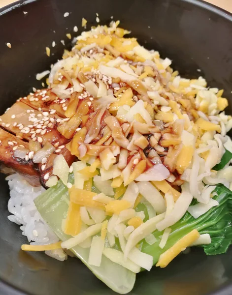 Käsehuhn Mit Japanischem Reis Und Sesamsoße Aus Nächster Nähe — Stockfoto
